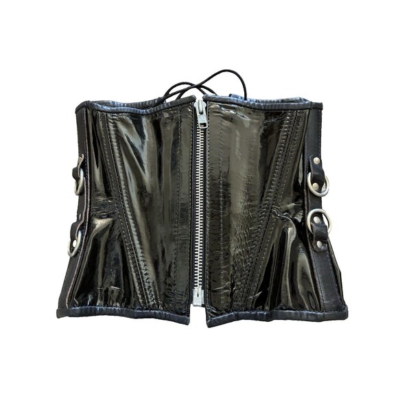 Vintage Stormy Leather Black Patent Cincher Corset Front Zip Lace Up Small Goth